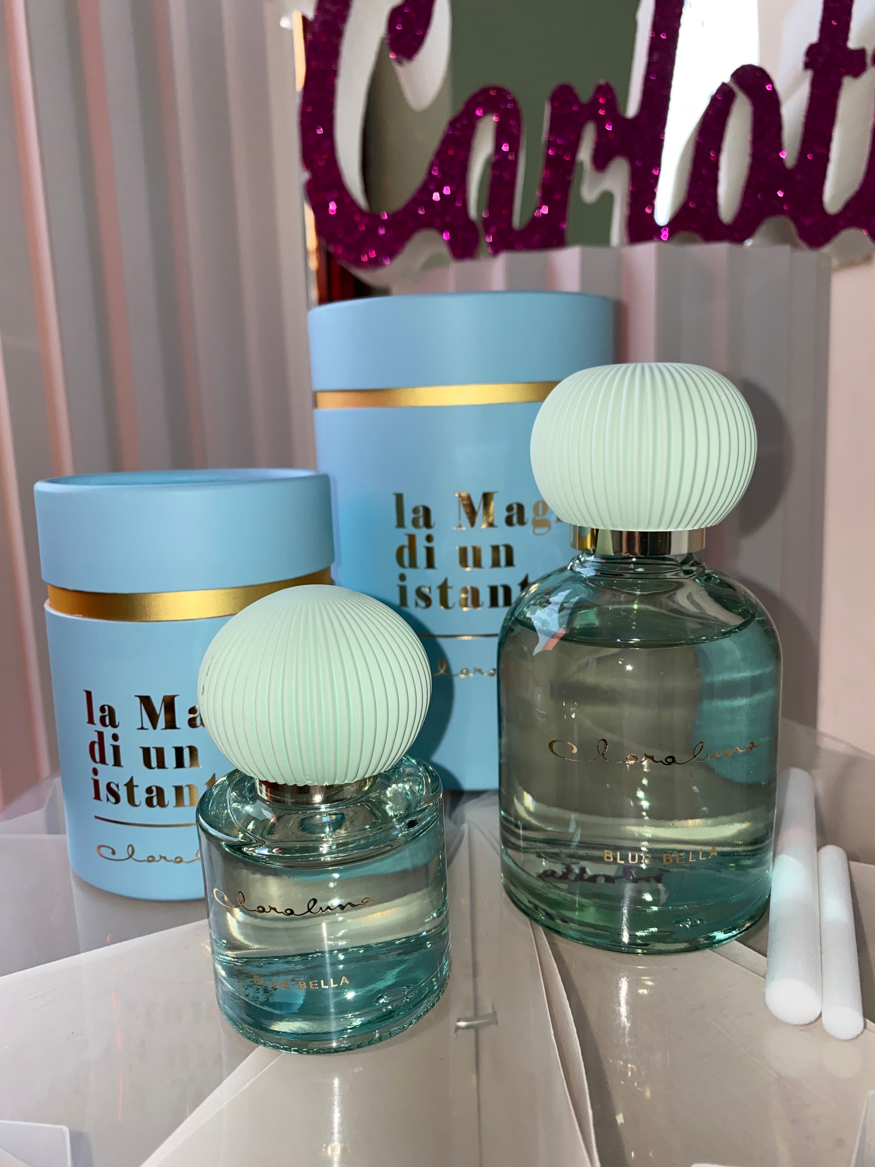 Diffusore Ambiente Blue Bell con Bottiglia in Vetro Verde e Pesca – Profumatore