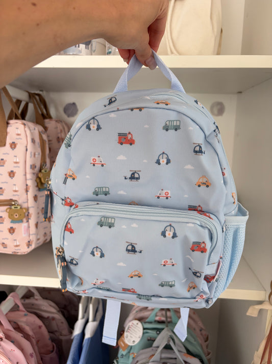 Zainetto Impermeabile Veicoli Azzurro Personalizzabile con Nome Ricamato