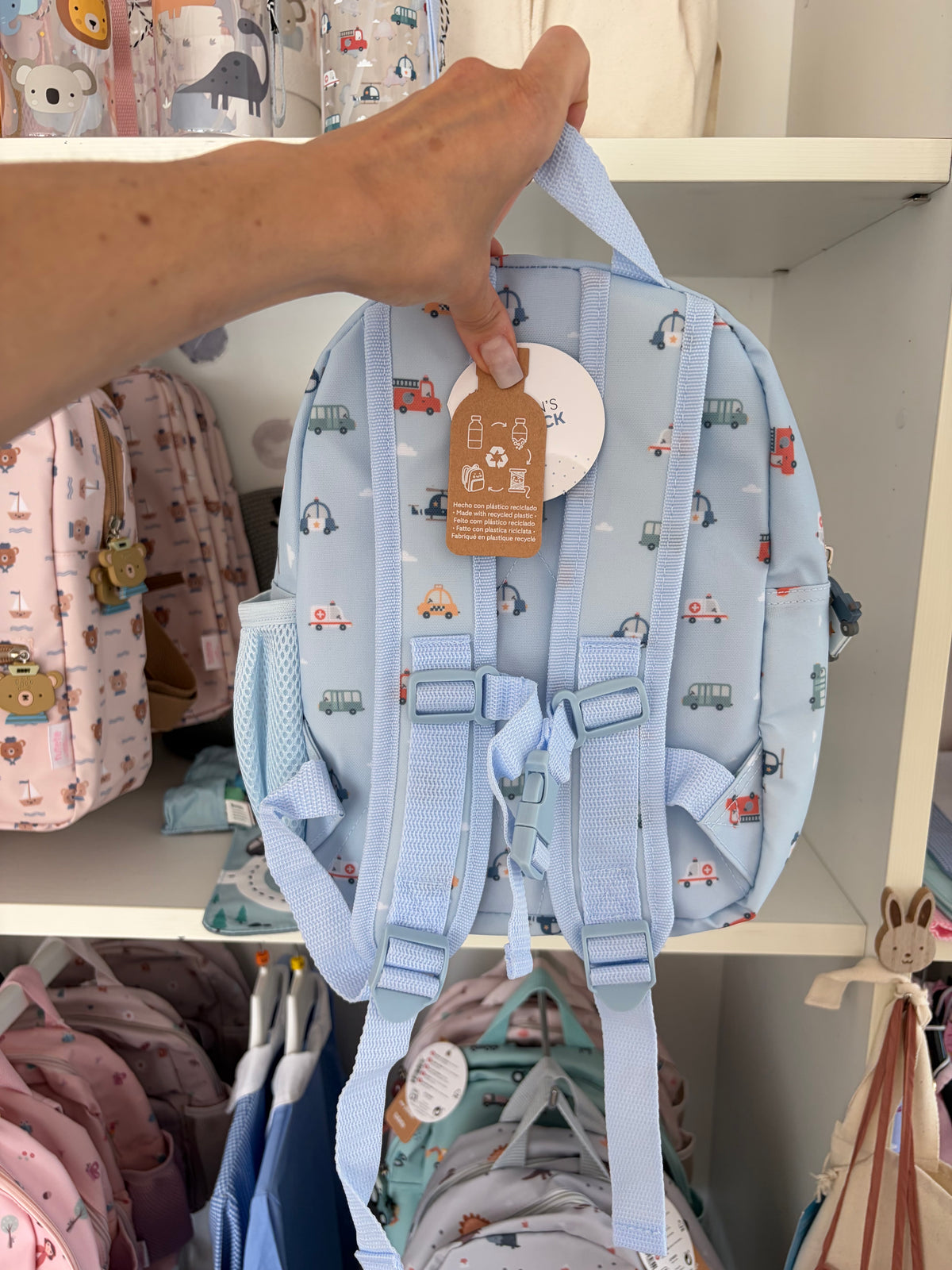 Zainetto Impermeabile Veicoli Azzurro Personalizzabile con Nome Ricamato
