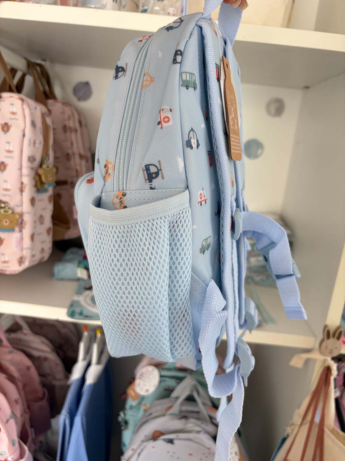 Zainetto Impermeabile Veicoli Azzurro Personalizzabile con Nome Ricamato